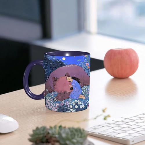 EMCLKS Ceramic Mug,tazas desayuno,taza te,tazas cafe,taza navidad,regalos originales mujer,regalos para parejas,Niña y oso gigante en la tierra de las flores del bosque,330ml