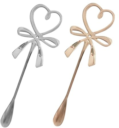 TOYANDONA Lot de 2 Cuillères à Café en INOX Doré et Argenté, Cuillères à Mélanger Longues Nœud en Forme de Cœur, pour Thé, Espresso et Boissons Glacées, Accessoires la Cuisine Créatifs