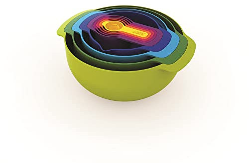 Joseph Joseph Nest 9 Plus - Juego de 9 piezas apilables, cuencos para mezclar, con bol grande y pequeño, colador y 5 tazas medidoras, multicolor