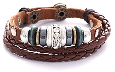Bracelet brun en cuir tressé avec des clous + perles
