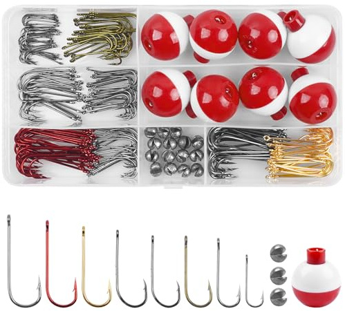 Fishing Hooks Bobbers Tackle Kit Beginners Equipment, 215pcs Organized Fishing Tackle Box Include Fishing Bobbers, Hooks, Sinker Weights, Starter Kit for Artificial and Live Baits Trout Panfish