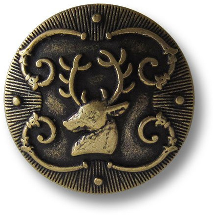 6er Set bildschöne leicht gewölbte altmessingfarbene Ösen Metallknöpfe mit Hirsch Motiv und Ranken mit schraffiertem Rand/Altmessingfarben, geschwärzt/Trachtenknöpfe/Ø ca. 15mm
