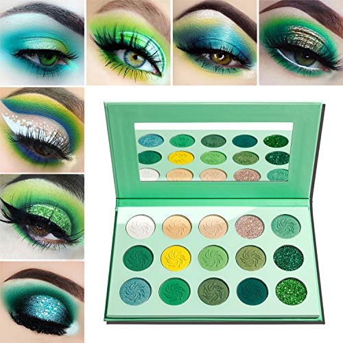 Palette Ombretti Professionali Verde Opachi,Afflano Eyeshadow Palette Avocado Green Glitter Matte Shimmer 15 Colors,Bellezza Trucco Occhi Ombretto Make up Palettes Cream Opaco Brillanti Pigmentate