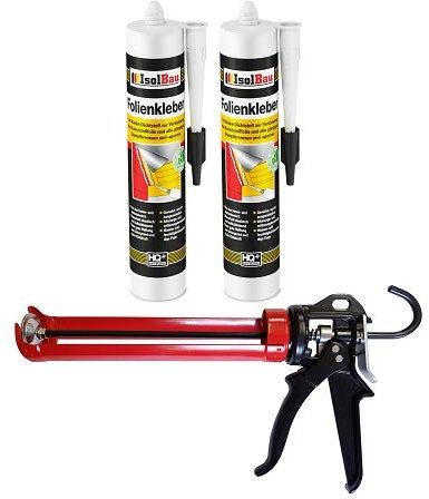 Isolbau Profi Folienkleber Set inkl. HQ Auspresspistole - Bauelastischer 1K Klebe-Dichtstoff zur Verklebung von Kunststofffolie, Dampfbremsen & Dampfsperren - 2 x 450 g