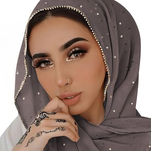 ANKOMINA Dam mjuk chiffong strass lång halsduk sjal mode muslimsk hijab huvudsjal halsdukar, Grå, one size