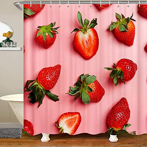Homemissing Mädchen Erdbeere Thema Stoff Tropisch Obst Rosa Wasserdicht Duschvorhang Textil Kinder Jungen Frauen Süss Erdbeere Duschvorhang 180x180cm mit Haken Roter Vorhang