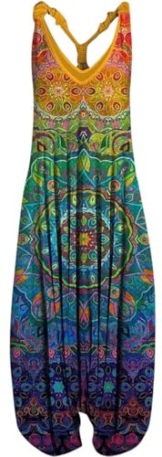 SSLLH Mono de verano para mujer, estilo bohemio, largo, estampado, holgado, para niña, mono de verano, azul, S