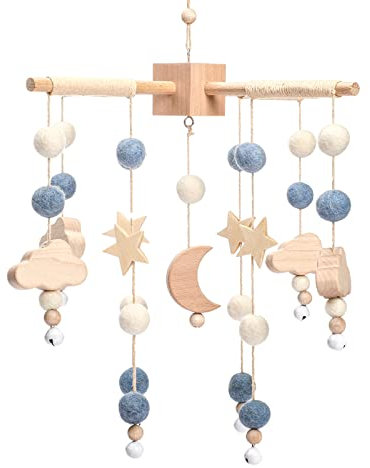 let's make Mobile bébé en bois + pelote de laine, carillon éolien, table à langer, clochette de lit suspendue, étoiles et lune, cadeau pour bébé fille ou garçon (Blue moon)
