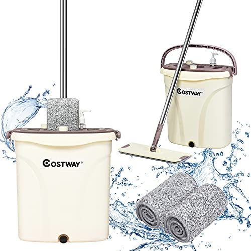 COSTWAY Flat Mop and Bucket Set, Hands Free Squeeze Mop with 360 Rotating Head, 2 Microfiber Mop Pads, 1 Bottle and Stainless Steel Long Handle, Compact Cleaning System for Floor Cleaning