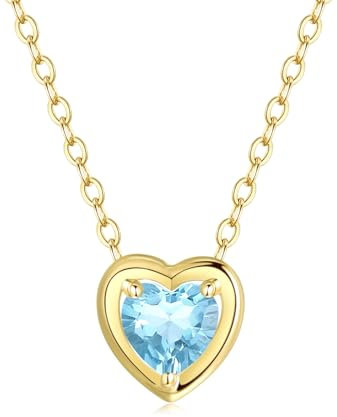 FANCIME Damen Kette mit Herz Geburtsstein Aquamarin Anhänger aus Solide 14K 585 Gelb Gold Halskette Valentinstag Geschenkschmuck für Damen Mädchen, Verstellbar Kettenlänge: 45 cm