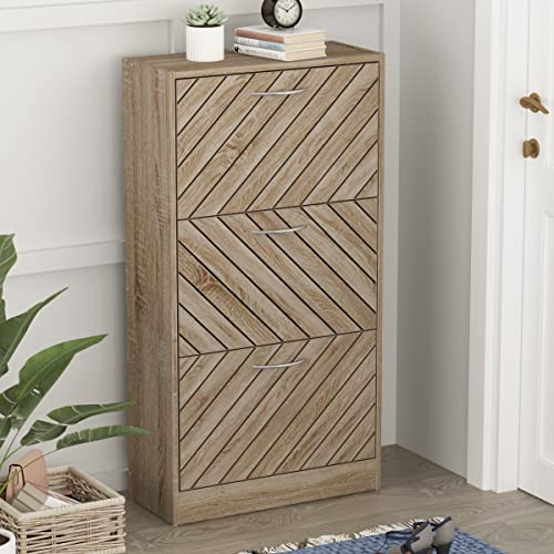 PREMTURE Schuhschrank, Schuhregal, Schuhkommode mit 3 Klappen und 6 Fächer, Schuhkipper für Flur, Schlafzimmer, Wohnzimmer，Holzwerkstoff, Braun, 54 B*24 T*107 H cm
