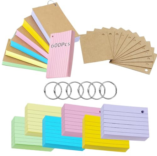 moinkerin Karteikarten A8 600 Stücke 2.91 * 2.05 Inch Mehrfarben Lernkarten Flashcards mit 7 Binderingen 12 Kraftpapier Karteikarten für Büro Haus Schule Lernen Linierte