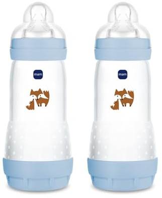 MAM Biberon Easy Start 320 ml (Set da 2), Kit da 2 biberon anticolica per allattamento, Riduce le bolle d'aria e il rischio di coliche, Accessori neonati 4+ mesi con tettarella misura 3, Azzurro