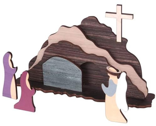 BFYDOAA Croce Tombale di Gesù in Legno 9 Pezzi Scena di Pasqua Ornamento Religioso Set di Decorazioni per la Resurrezione Cristiana per Presepe, Vassoio a più Livelli, Regalo di Pasqua