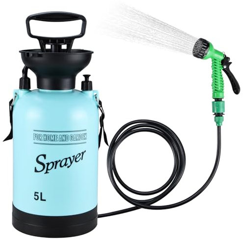 Finderomend Portable Shower 5L, 1.3Gal Hand Press Tank&Hose, 7 Spray Modes