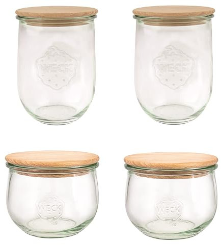Weck Gläser Set Tulpenform (4 Einmachgläser, 2x 1000 ml, 2x 500 ml, mit Holzdeckel, zum Einmachen/Aufbewahren von Lebensmitteln) 79212, Klar