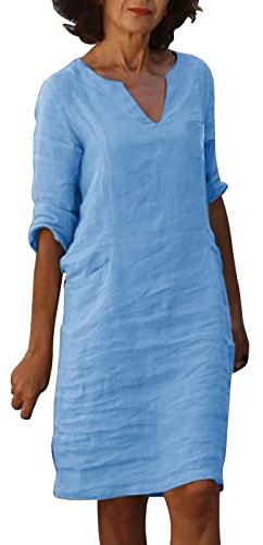 Modische und bequeme Damen-Kostüme, V-Ausschnitt, halblange Ärmel, Baumwolle und Leinen, kurzes Kleid, Loft-Kleid für Damen, blau, Medium