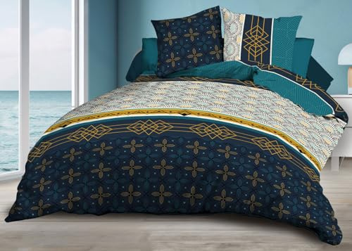 Le Linge de Jules Parure Drap Plat + Drap-Housse 140x190 + 2 Taies - Microfibre Douce et résistante - Entretien Facile - Biarritz, Bleu