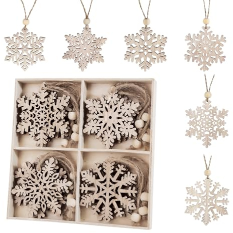 Schneeflocken aus Holz,absolove 12 x Christbaumschmuck Holz Schneeflocke,6 Designs Tannenbaumschmuck Anhänger,Holzanhänger Weihnachten 7.5CM Weihnachtsanhänger zum Dekorieren Weihnachtsbaum