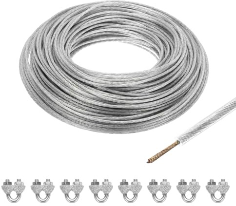 sourcing map 3mm (1/8 inch) Clear Vinyl Coated Wire Ropes, 60m /197ft Galvanized Steel Cable Wire Rope with 8PCS M3 Loop Sleeves for String Light Hanging, Deck Railing, Garden Wire