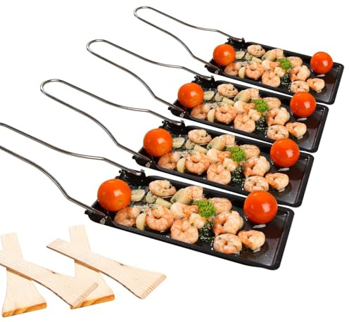 Rosenstein & Söhne Raclette-Pfanne Grill: 4er-Set Grill-Pfännchen mit klappbarem Griff, spülmaschinenfest (Grillpfanne für, Grillpfanne für Holzkohlegrill, BBQ)