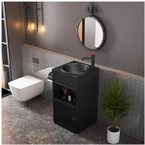 ZTGL Badmöbel Mit Wasserhahn Waschtisch Badezimmerschrank Standwaschbecken Saule Waschbecken Kreativität Industrial Style Waschbecken Iron Art Waschplatz Badezimmer Toilette,Schwarz,with Mirror