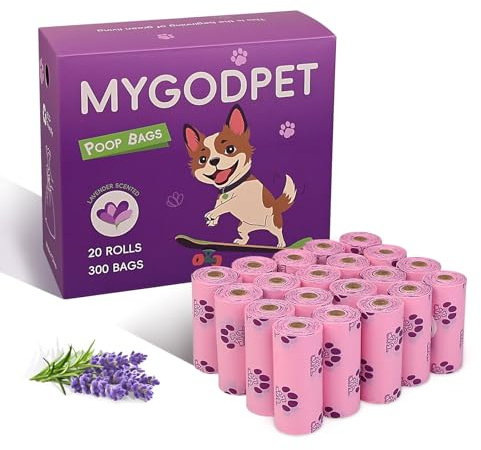 MYGODPET 300 Stück Hundekotbeutel Rollen, biologisch abbaubare Kotbeutel für Hunde, Lavendelduft, auslaufsichere Katzenkotbeutel, Lila
