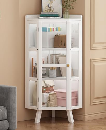 Hoher Eckschrank mit Acryltür, freistehend, Eckregal für Wohnzimmer, Zuhause, Büro, Küche, Weiß, 4 Etagen Vitrine