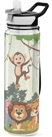 Mnsruu Transparente Sport-Wasserflasche mit Strohhalm, auslaufsichere Trinkflasche, Dschungeltier-Affe, Fahrradflaschen für Sport, Büro, Schule, BPA-freier Tritan-Kunststoff, 1 Liter