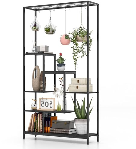 HOMASIS Pflanzenregal groß, Blumenregal mit 6 Etagen, Pflanzenständer mit 10 Haken & Gitter, Blumenständer aus Metall, Blumentreppen Mehrzweckregal für Wohnzimmer, Balkon, 100x30x180cm (Schwarz)