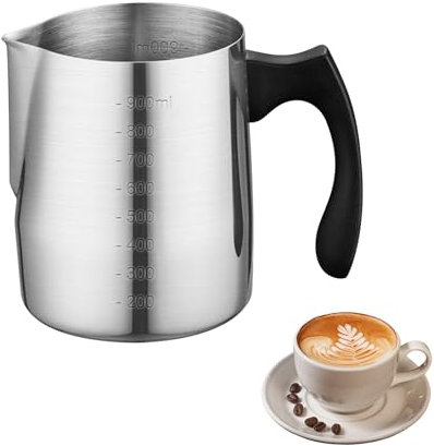 Bricco per Latte in Acciaio Inox,Brocca in Schiuma 900ml(32oz),Lattiera con Segno di Misurazione, per Cappuccino, Espresso, Latte Art, Perfetta per Gli Amanti del Caffè