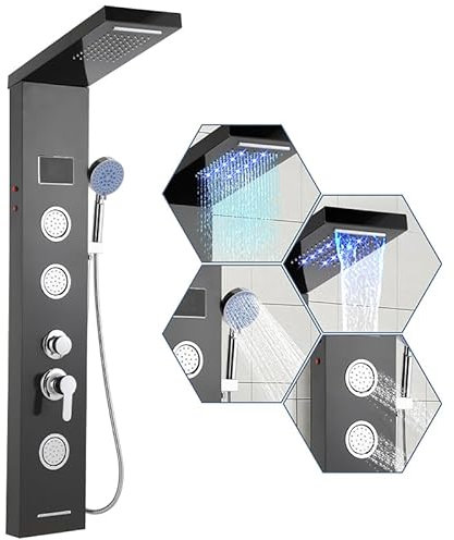Peviasot 5-in-1 LED Duschpaneel – Duschsystem mit LED-Temperaturanzeige, Regendusche, verstellbaren Massagedüsen, Schwarz Design, Wandmontage für modernes Badezimmer