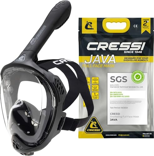 CRESSI Java Full Face Mask Black/Black S/M - Snorkelmask för hela ansiktet, ultraklar antidimlins, 100% silikon, snorkeltorka med säkerhetsventiler,Svart/Svart,