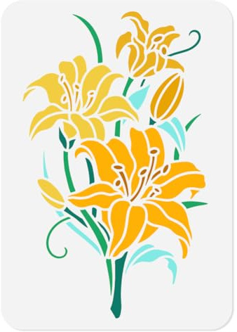 Doodlream blühende Lilien-Schablone, wiederverwendbare Blumenmalvorlage | 30 x 30 cm Plastik Mal-Schablone Lilienblüten, DIY Vorlage für Wände, Holz, Fliesen, Stoff und Möbel