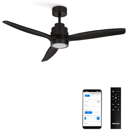 CREATE / WINDSTYLANCE NATURAL WOOD S/Deckenventilator mit Beleuchtung Schwarz mit WLAN und Fernbedienung / 40W, Leise, Ø112cm, 6 Geschwindigkeiten, Timer, Sommer-Winterbetrieb, doppelte Höhe