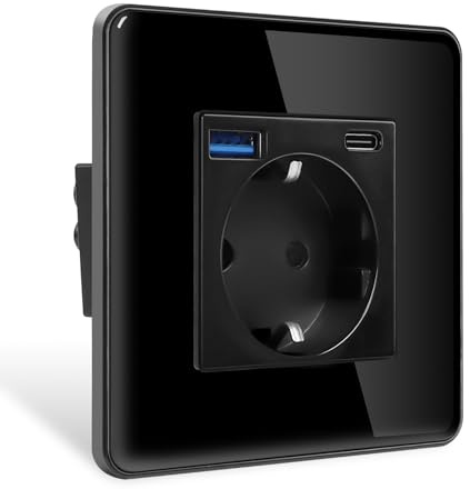 CNBINGO Steckdose mit USB C+A Unterputz,1 Fach Glas Wandsteckdose Schwarz | EU-Standard Doppelsteckdose mit Kindersicherung,16A 250V