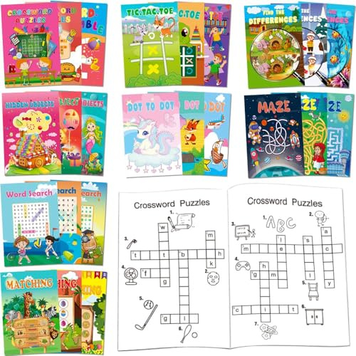 Aannanl 24 Mini Activities Word Search Books for Kids Ages 4-6-8-12,Party Bag Fillers,include Word Search,Maze,Crossword Puzzles,Dot to Dot,Airplane/Travel/Wedding Activities for Kids