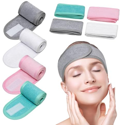 4 Stück Kosmetik Haarband Damen,Make Up Haarband für Verstellbares | Spa-Gesichtsband,Gesichtspflege-Stirnband mit Magic-Aufkleber,für Duschen Gesicht Waschen Yoga Sport(Grau, Weiß, Rosa, Grün)