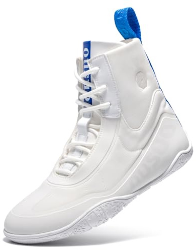 OUSUO Mens Wrestling Shoes Boxing Shoes High Top Fitness Sneakers Weightlifting Fighting Shoes Zero Drop Sole White 10.5