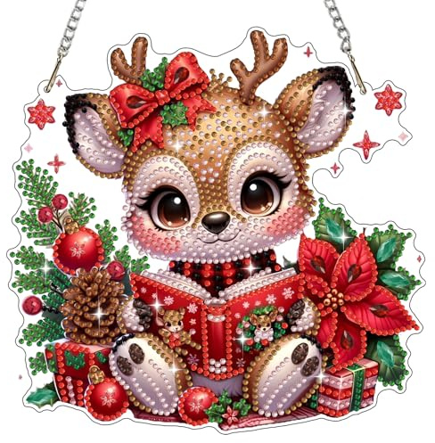 Bowetile Diamond Painting Anhänger Blumen Rentier, Weihnachten Diamond Painting Fensterbilder für Erwachsene, Kinder Hängende Ornament Motive Bastelset für Wand Fenster Garten, Decor Geschenk