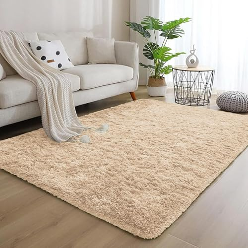ANJIAJIE Teppich Flauschig 150 x 210 cm Flauschige Oberfläche, Pflegeleicht Und Robust Shaggy Hochflor Teppich für Schlafzimmer Küche Geeignet, Beige