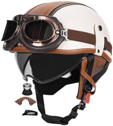 Retro Halbschalenhelm Vintage Motorradhelm Jethelme für Damen Herren Erwachsene Retro Mofa Helm DOT/ECE-Zugelassen Motorrad Halbhelme Rollerhelm Mit Schutzbrille Für Mopeds
