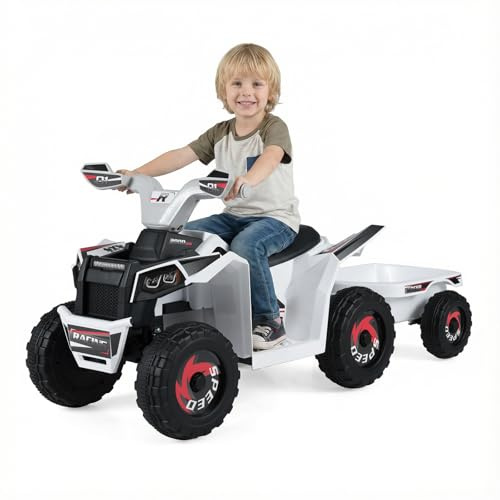 COSTWAY 6 V Elektrisk Barnfyrhjuling med Avtagbart Hänge, 2–3 km/h, Elfyrhjuling med Strålkastare, Fram- och Bakåtfunktion, Mini ATV för Pojkar och Flickor från 3 År Vit