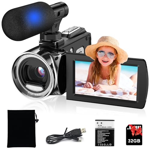 Rumyums Caméscope Full HD 1080p 4K 36MP avec microphone externe, écran rotatif à 270 degrés, carte SD 32 Go, batterie rechargeable