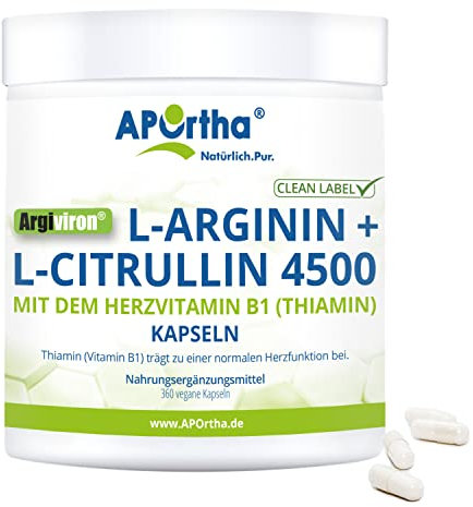 APOrtha® Argiviron® L-Arginin + L-Citrullin 4500 hochdosiert + Herzvitamin Vitamin B1, 360 vegane Kapseln, Hochdosiert im Verhältnis von 1,6 zu 1 von L-Arginin zu L-Citrullin, allergenfrei