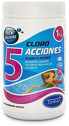 Tamar Cloro 5 Acciones, Tabletas Multifuncion de 20 grs, Especial para Mini Piscinas, 1 Kilo