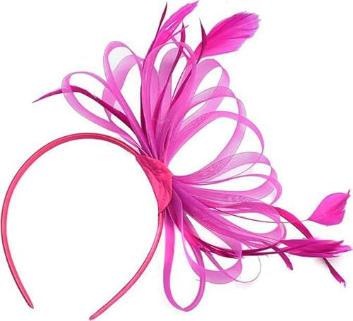 Caprilite Fascinator für Damen, groß, für Hochzeit, Rennen, Party, Netzhut mit Zapfen und Federn (Hoop-Haarband, Hut, Einheitsgröße, alle Jahreszeiten), fuchsia, Einheitsgröße