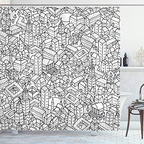 ABAKUHAUS Gekritzel Duschvorhang, Überfülltes Stadtleben, mit 12 Ringe Set Stielvoll Modern, 175x200cm, Weiß Schwarz