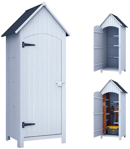 Outsunny Gartenschrank Holz Gerätehaus Gartenhaus Geräteschuppen Geräteschrank Holzhütte Giebeldach Bitumenpappe Weiß 77,5 x 54,2 x 179,5 cm
