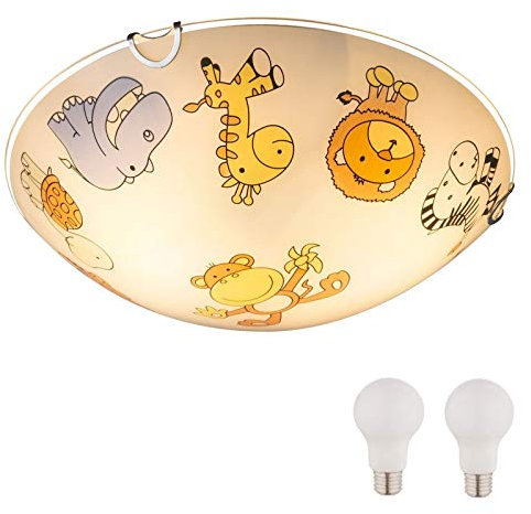 GLOBO Kinderzimmer Lampen Decke Mädchen Jungen mit LED - Deckenleuchte E27 - Deckenlampe 2 Flammig Weiß Bunt - Kinderzimmerlampe Kinder Tiere - Babyzimmer Lampe Zoo - Rund 30 cm